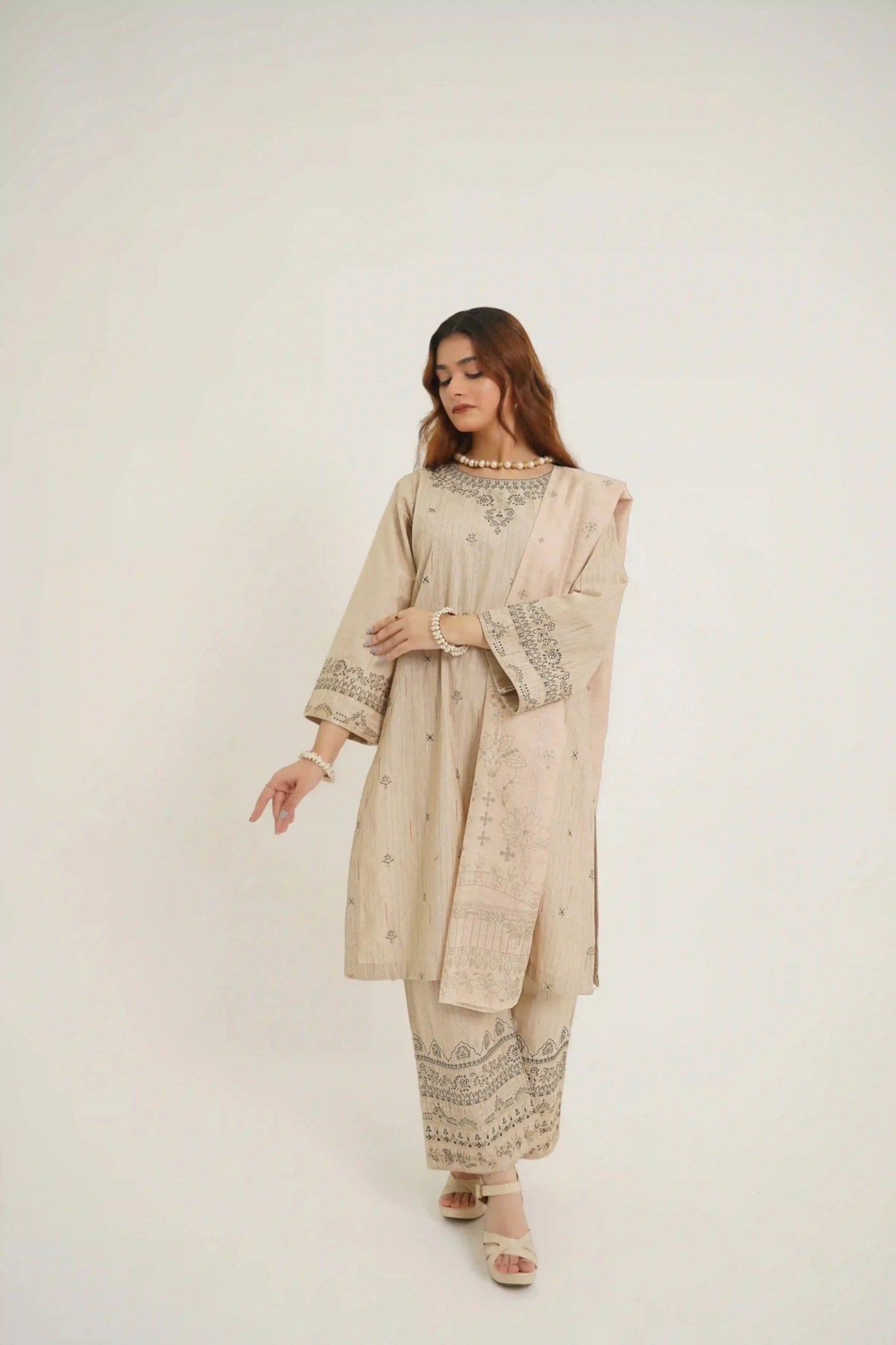 Beige Beauty 3Pc - Embroidered Dress