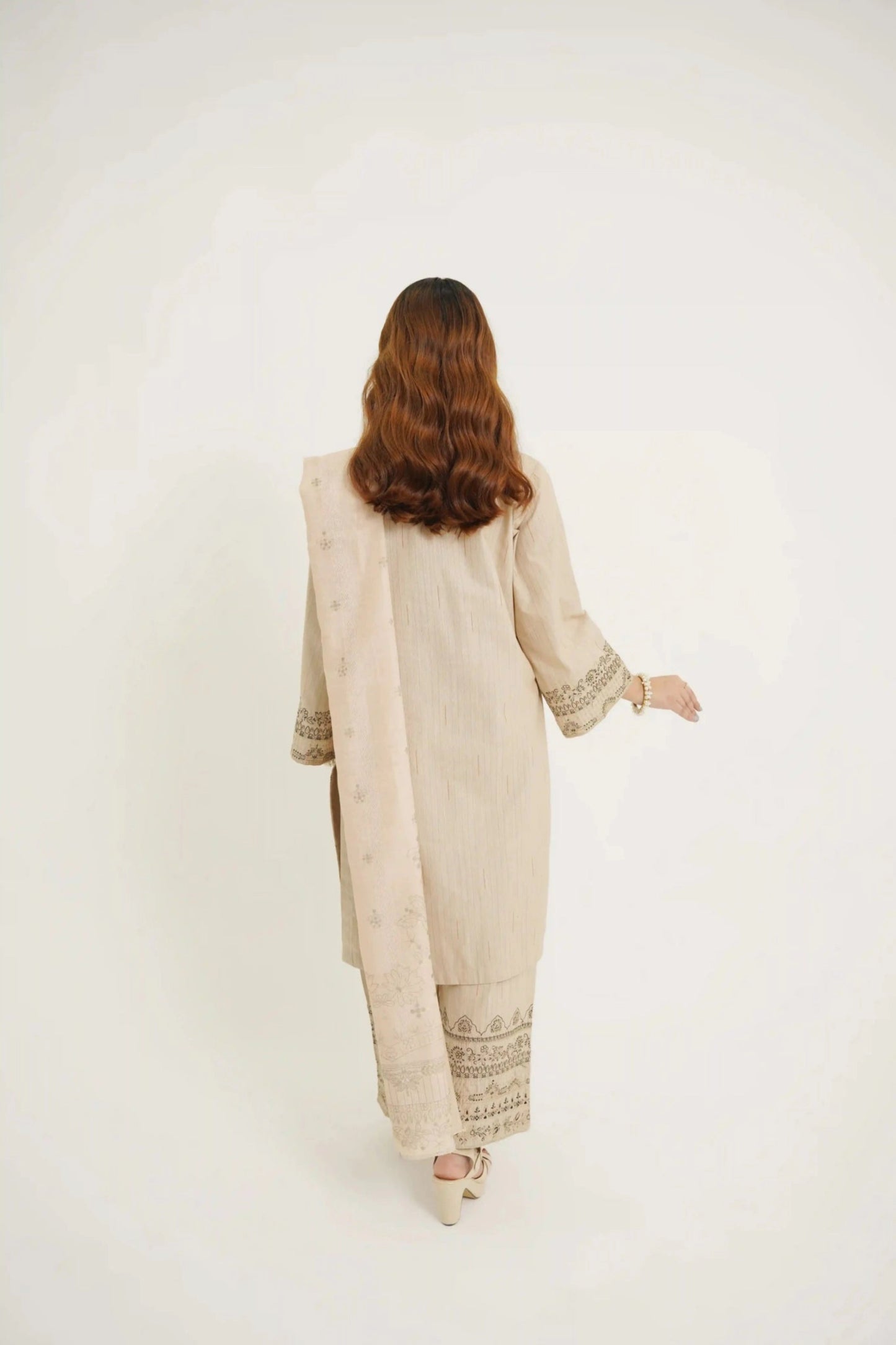 Beige Beauty 3Pc - Embroidered Dress