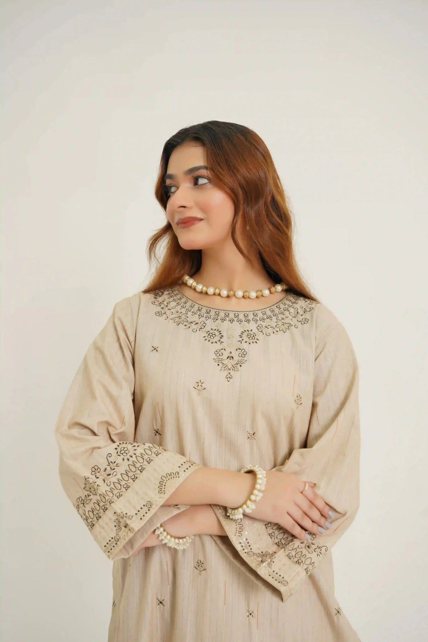 Beige Beauty 3Pc - Embroidered Dress