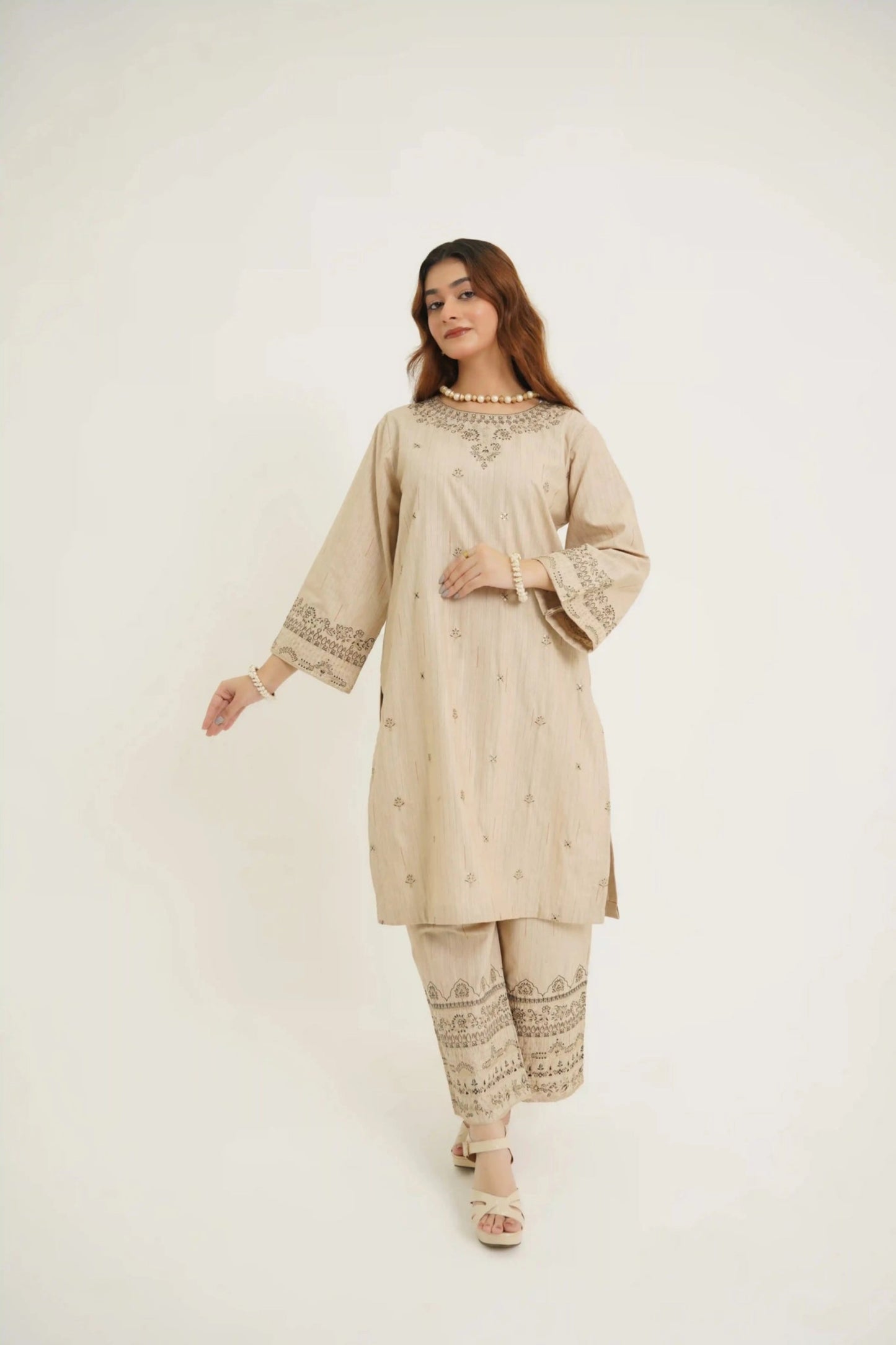 Beige Beauty 3Pc - Embroidered Dress