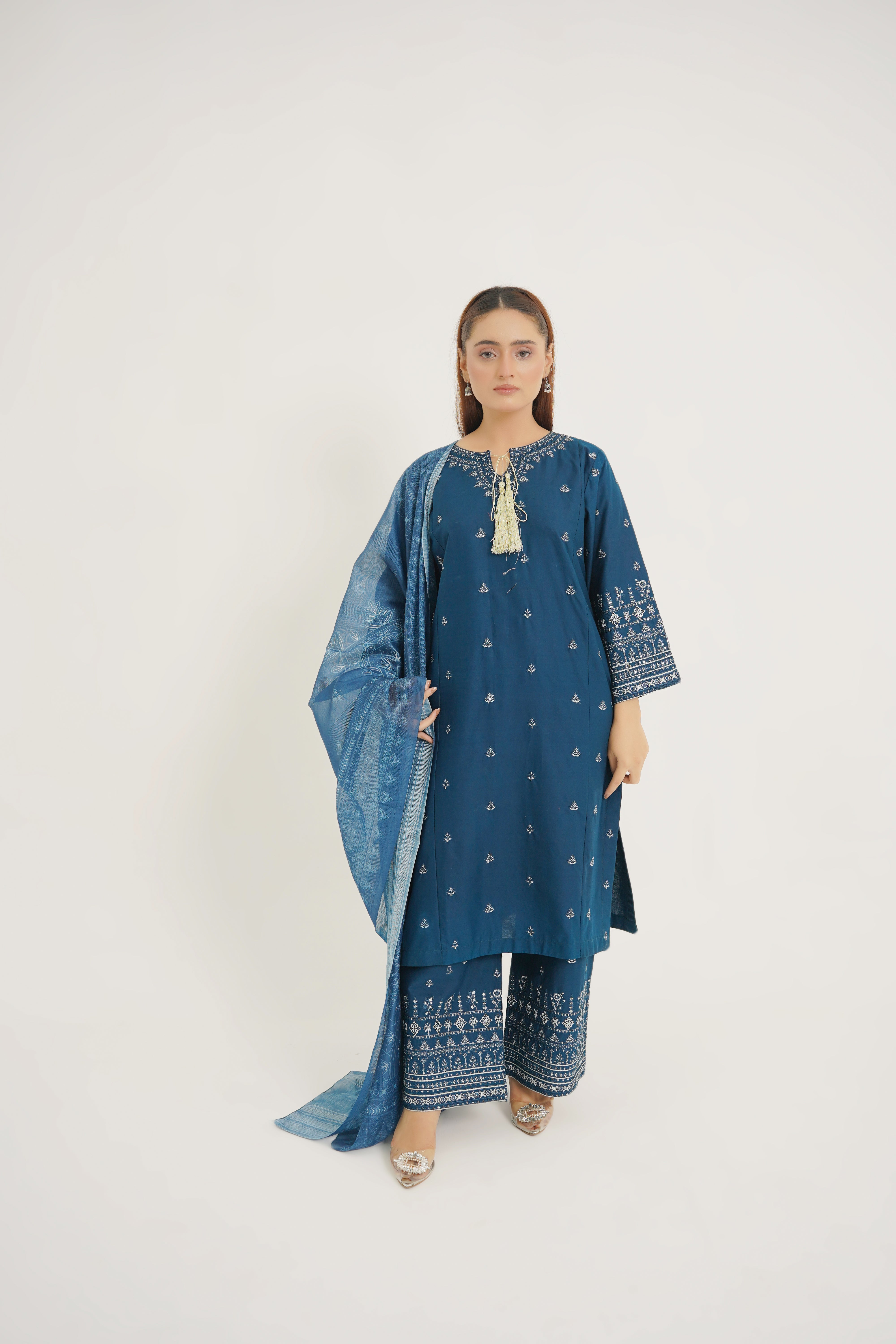 Azure Allure 3pc Embroidered dress with printed Dupatta