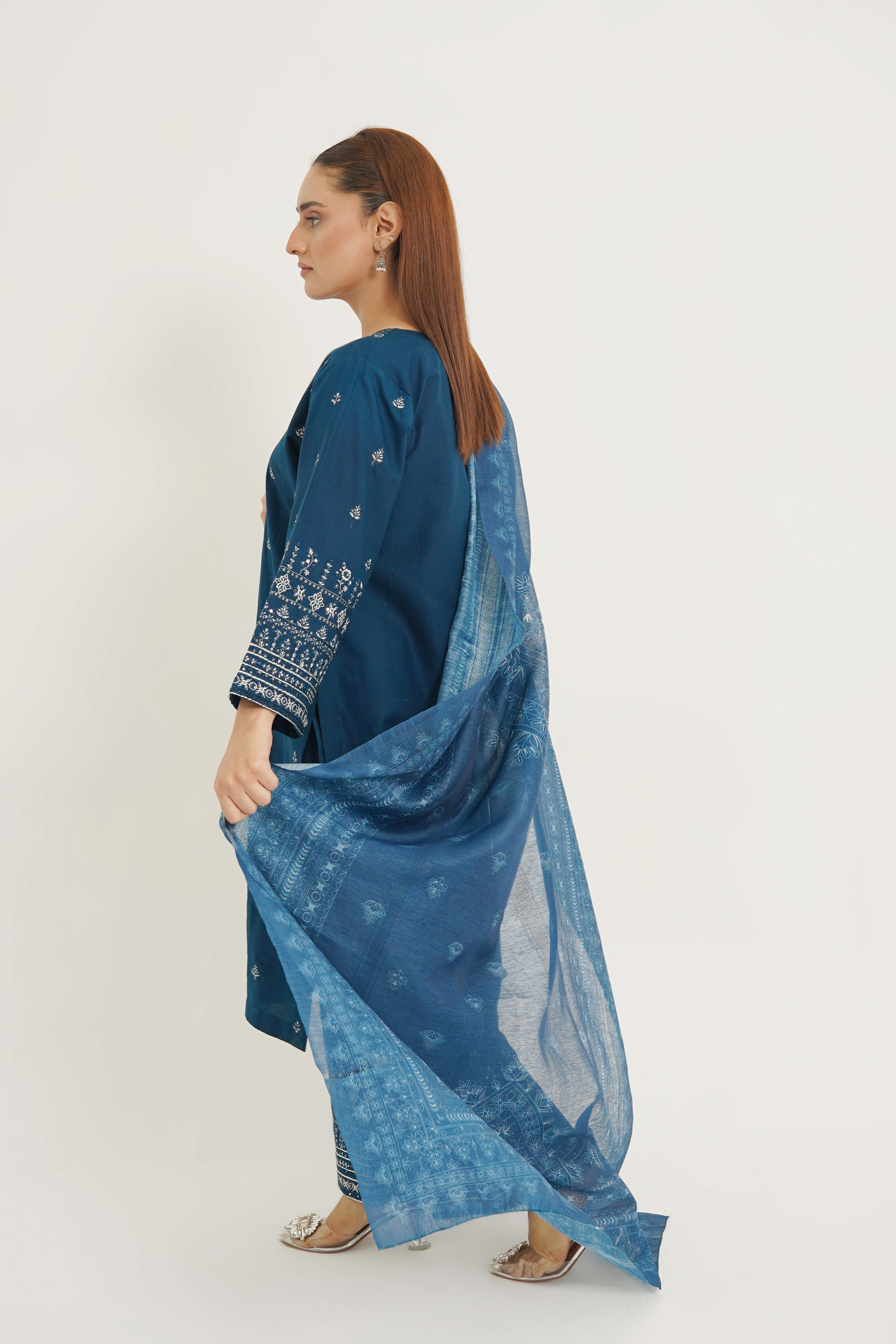 Azure Allure 3pc Embroidered dress with printed Dupatta