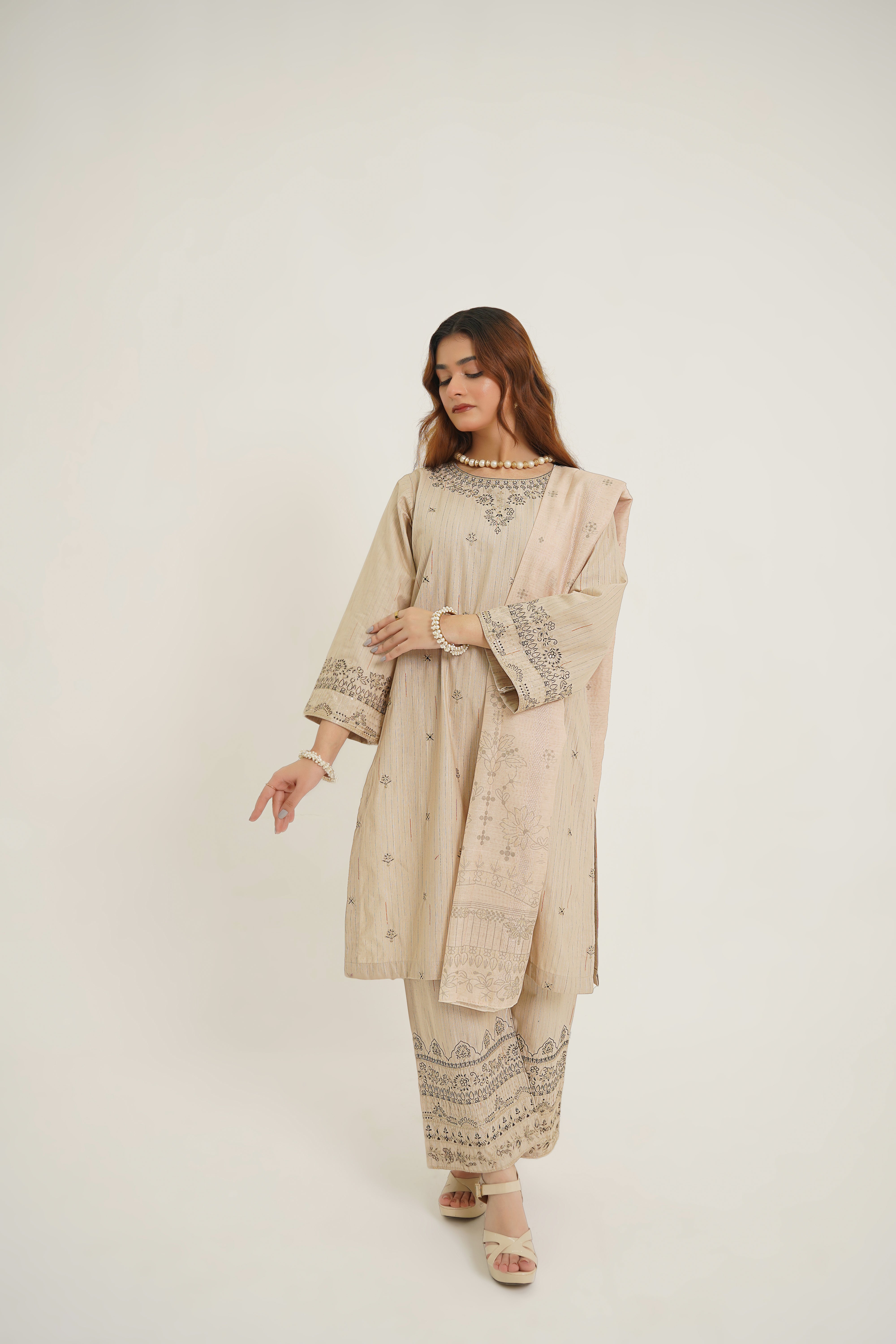 Beige Beauty 3piece Embroidered dress with printed Dupatta