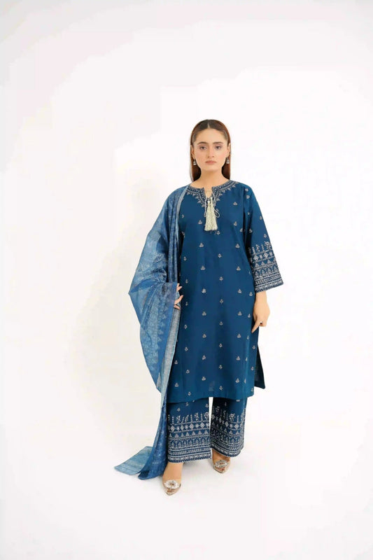 Azure Allure 3Pc - Embroidered Dress