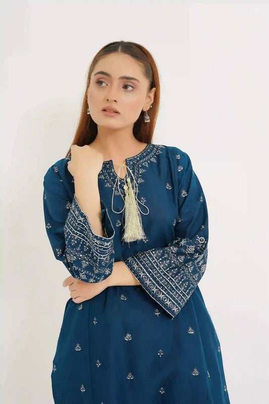 Azure Allure 3Pc - Embroidered Dress