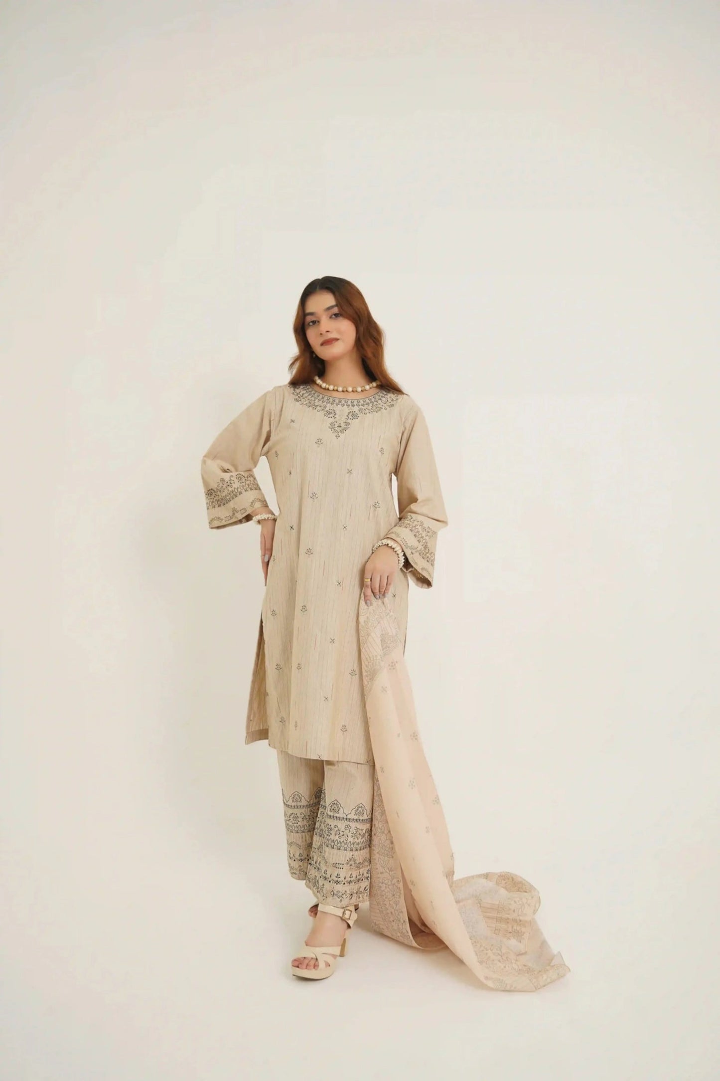 Beige Beauty 3Pc - Embroidered Dress