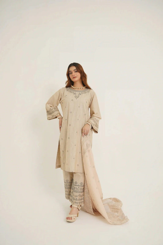 Beige Beauty 3Pc - Embroidered Dress