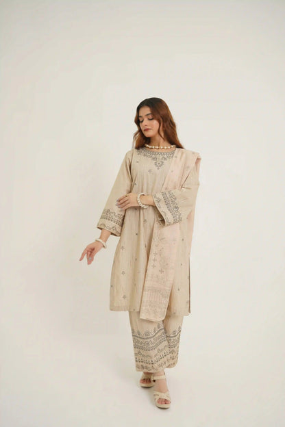 Beige Beauty 3Pc - Embroidered Dress