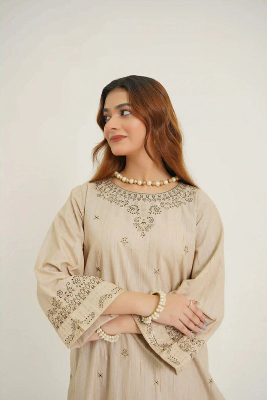 Beige Beauty 3Pc - Embroidered Dress