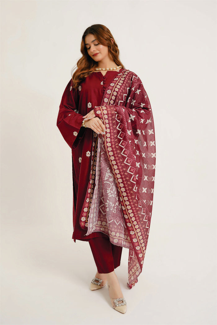 Maroon Mystique 3pc Embroidered dress with printed Dupatta