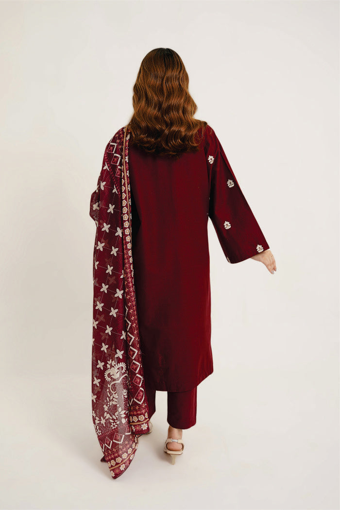 Maroon Mystique 3pc Embroidered dress with printed Dupatta