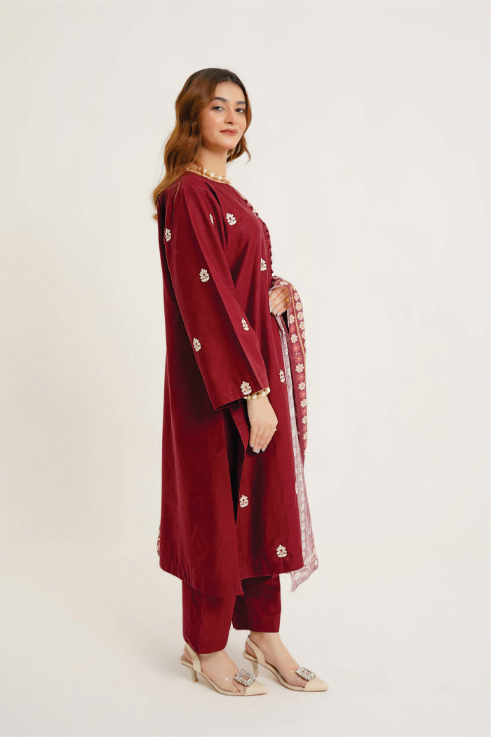 Maroon Mystique 3pc Embroidered dress with printed Dupatta