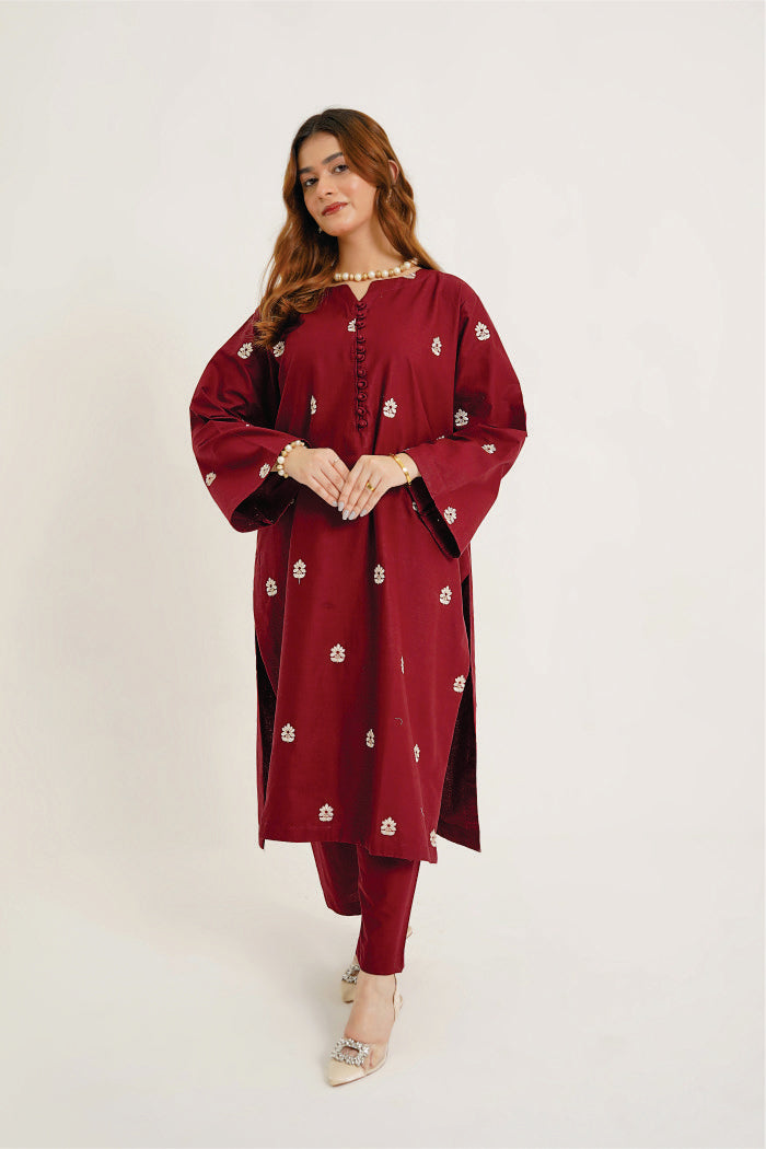 Maroon Mystique 3pc Embroidered dress with printed Dupatta