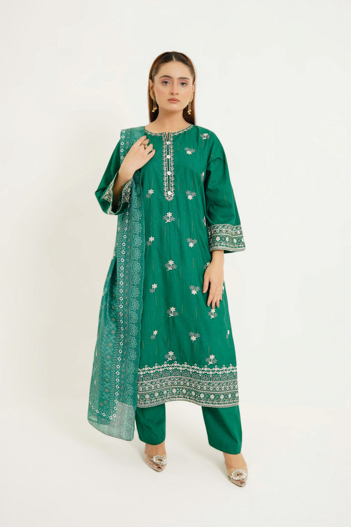 Jade Jewel 3pc Embroidered dress with printed Dupatta