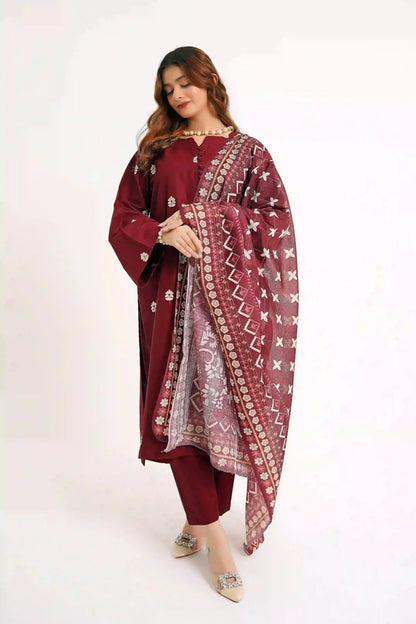 Maroon Mystique 3Pc - Embroidered Dress