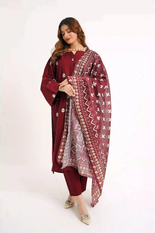 Maroon Mystique 3Pc - Embroidered Dress